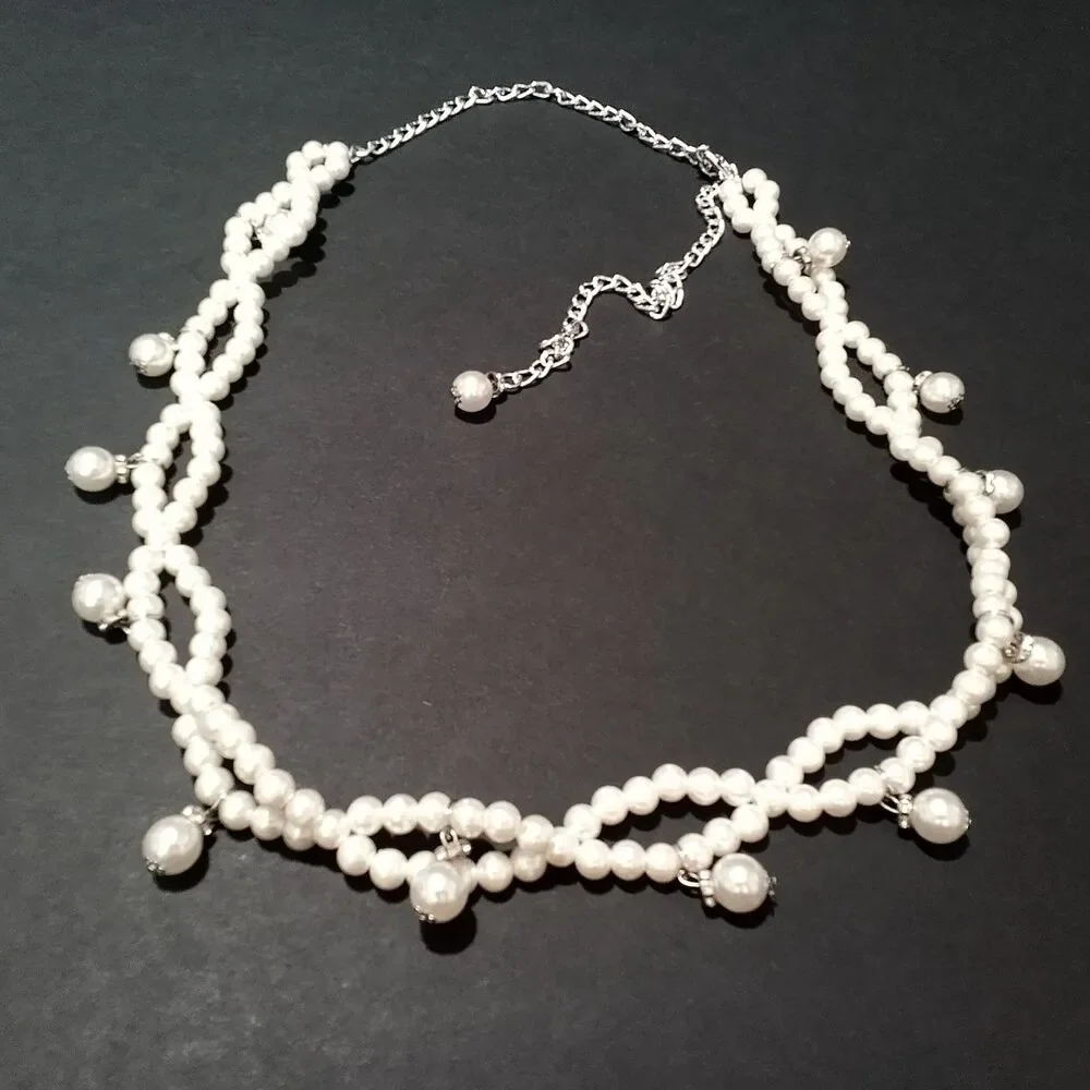 White Faux Pearl Criss Cross Chain Belt Rhinestone Accents Adjustable 40